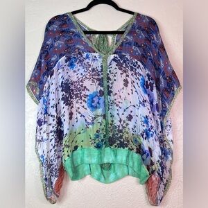 Anthropologie Green Blue Floral Sheer Blouse
